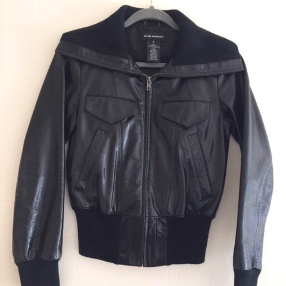 Club Monaco Leather Bomber Jacket, Black, Size XS